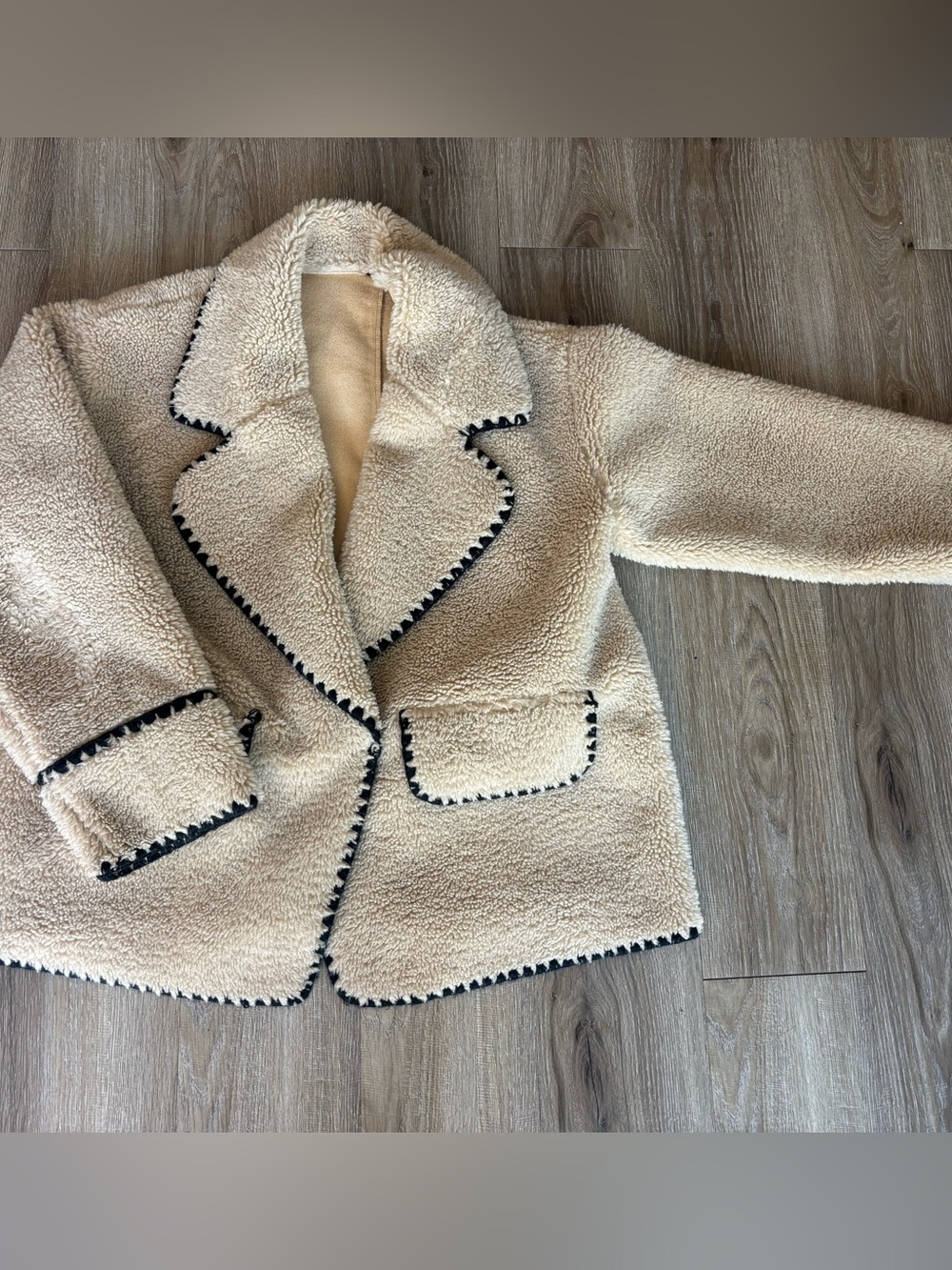 Beige Teddy Jacket with Black Trim - Women's Coat